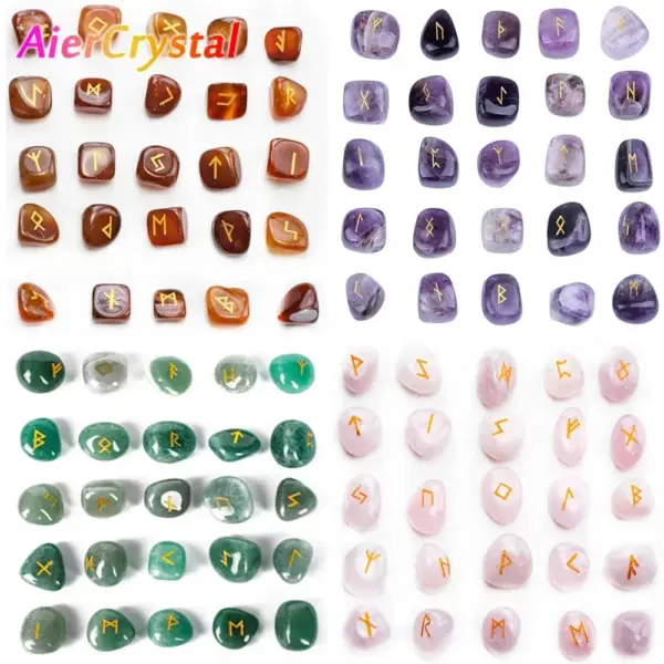 25-Piece Natural Crystal Rune Stone Set: Nordic Runes, Amethyst, Agate