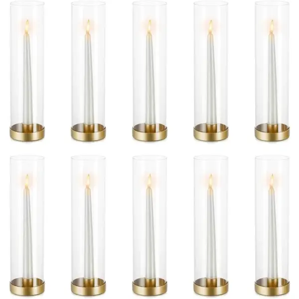 Bulk Set of 10 Black Taper Candle Holders: 11.81 inch Tall Hurricane Glass Candlestick Holders, Modern Windproof Stand for Candles